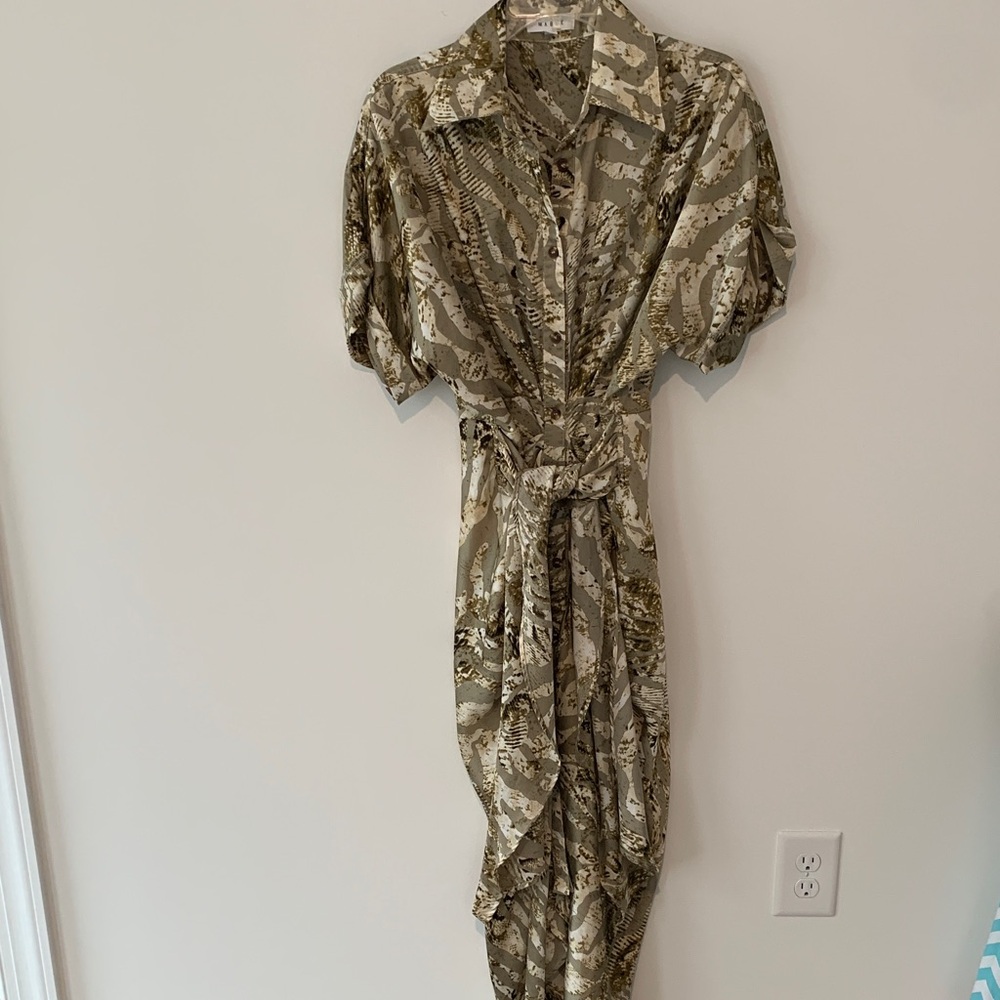 Neutral Olive Patterned Midi Shirt Dress with Tie Waist